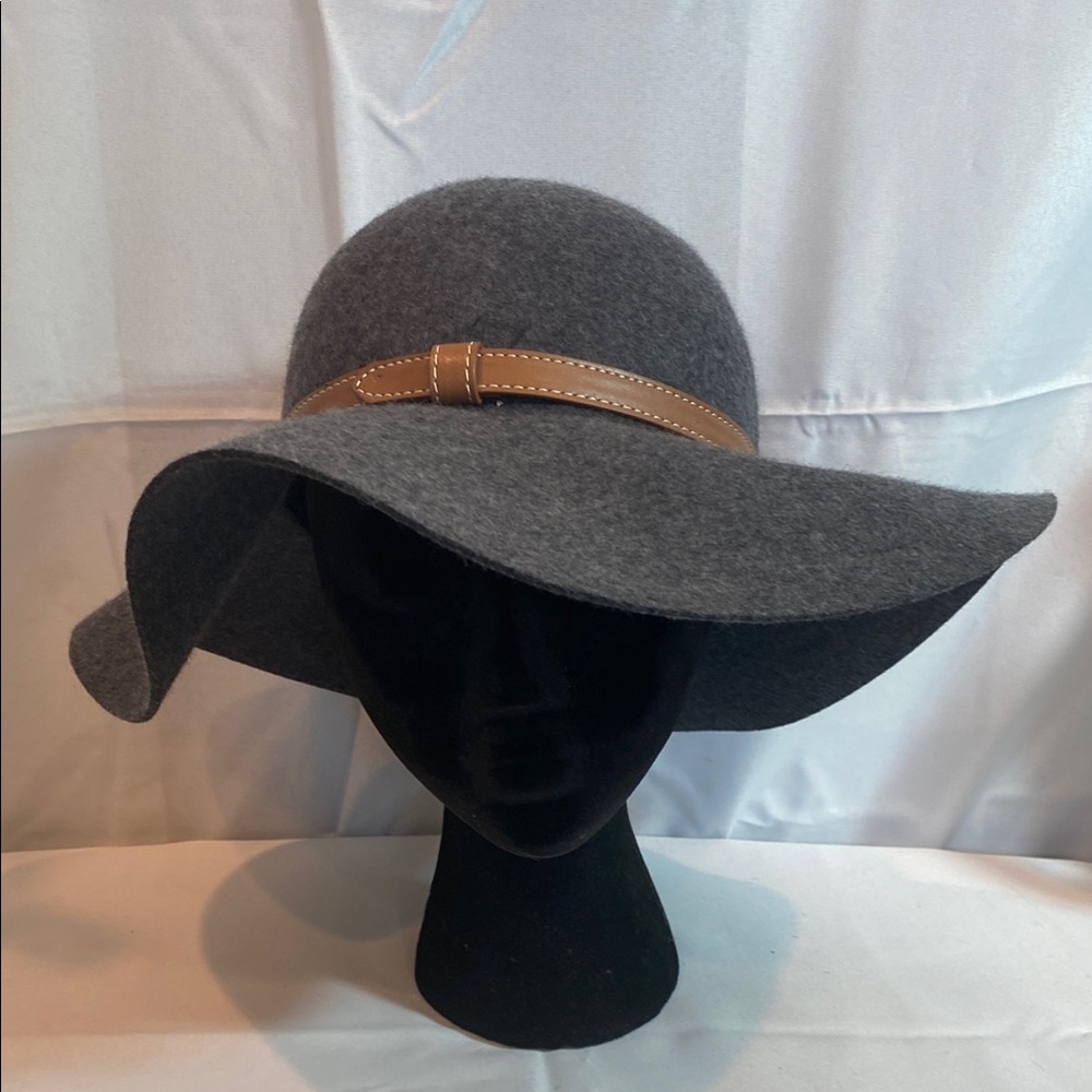 Elegant Gray Wool Floppy Sun Hat with Tan Leather Band by Angela & William, OS
